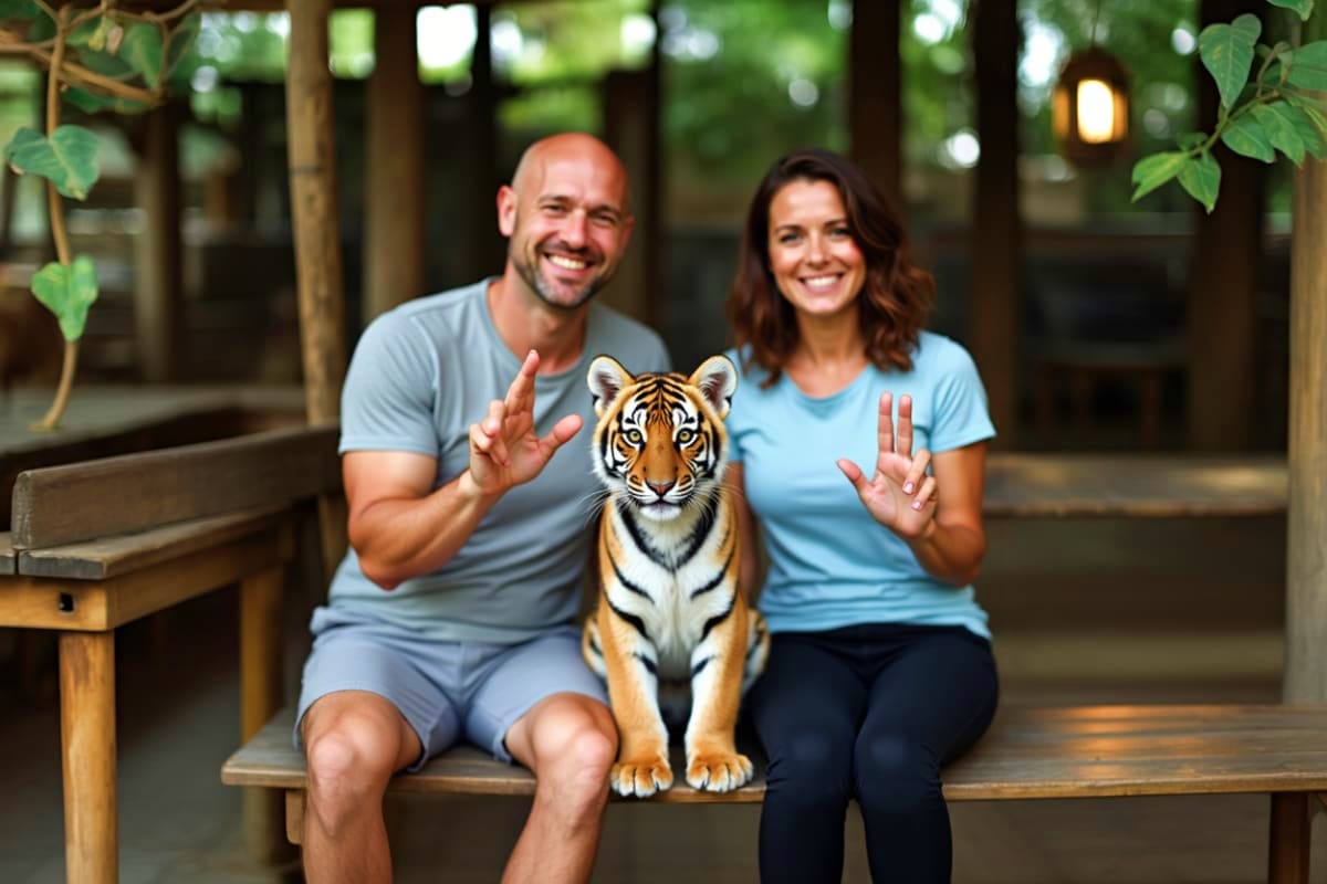 Couple posing with young tiger cub on wooden bench at Tiger Kingdom sanctuary in Chiang Mai, Thailand