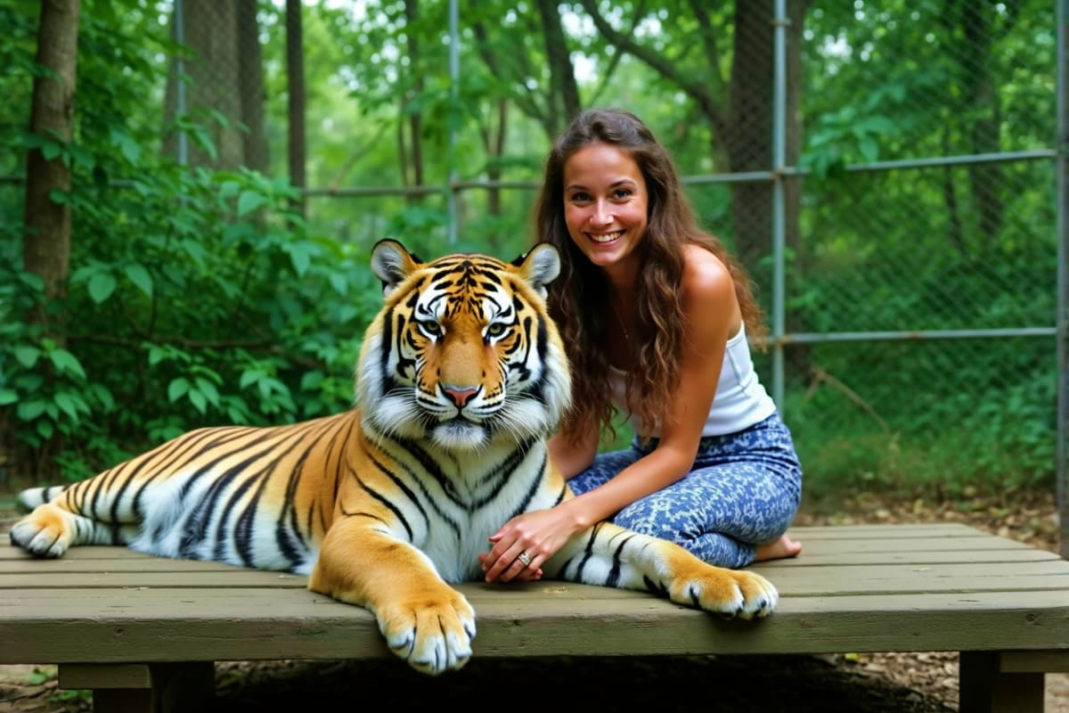 Woman posing with a Bengal tiger on a wooden platform at Tiger Kingdom wildlife sanctuary in Chiang Mai, Thailand