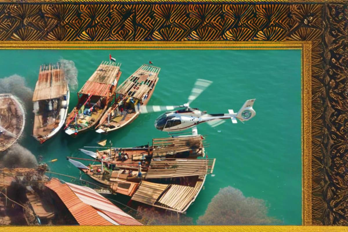 Aerial view of traditional wooden boats and a helicopter over turquoise water in Dubai