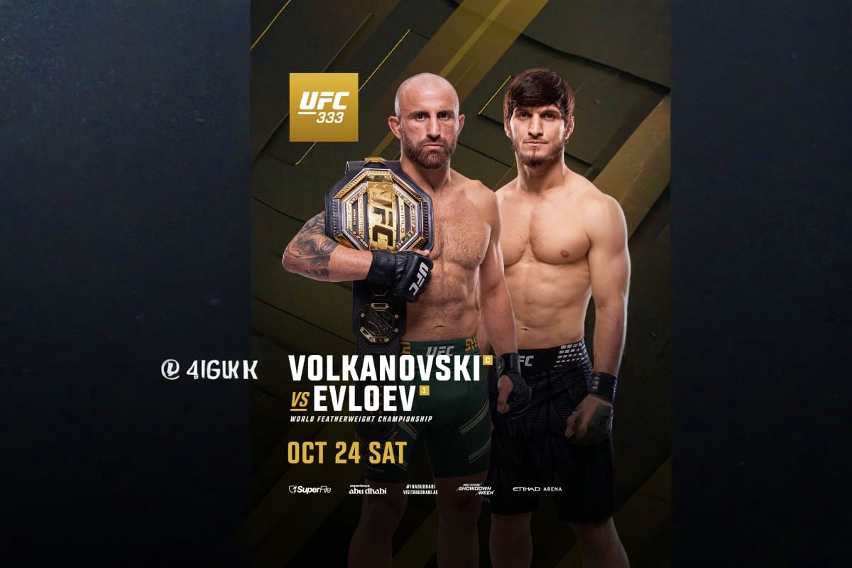 UFC 333 Fight Night In Abu Dhabi UFC 333 Volkanovski vs Evloev world featherweight championship fight poster with fighters and belt on October 24 at Etihad Ar