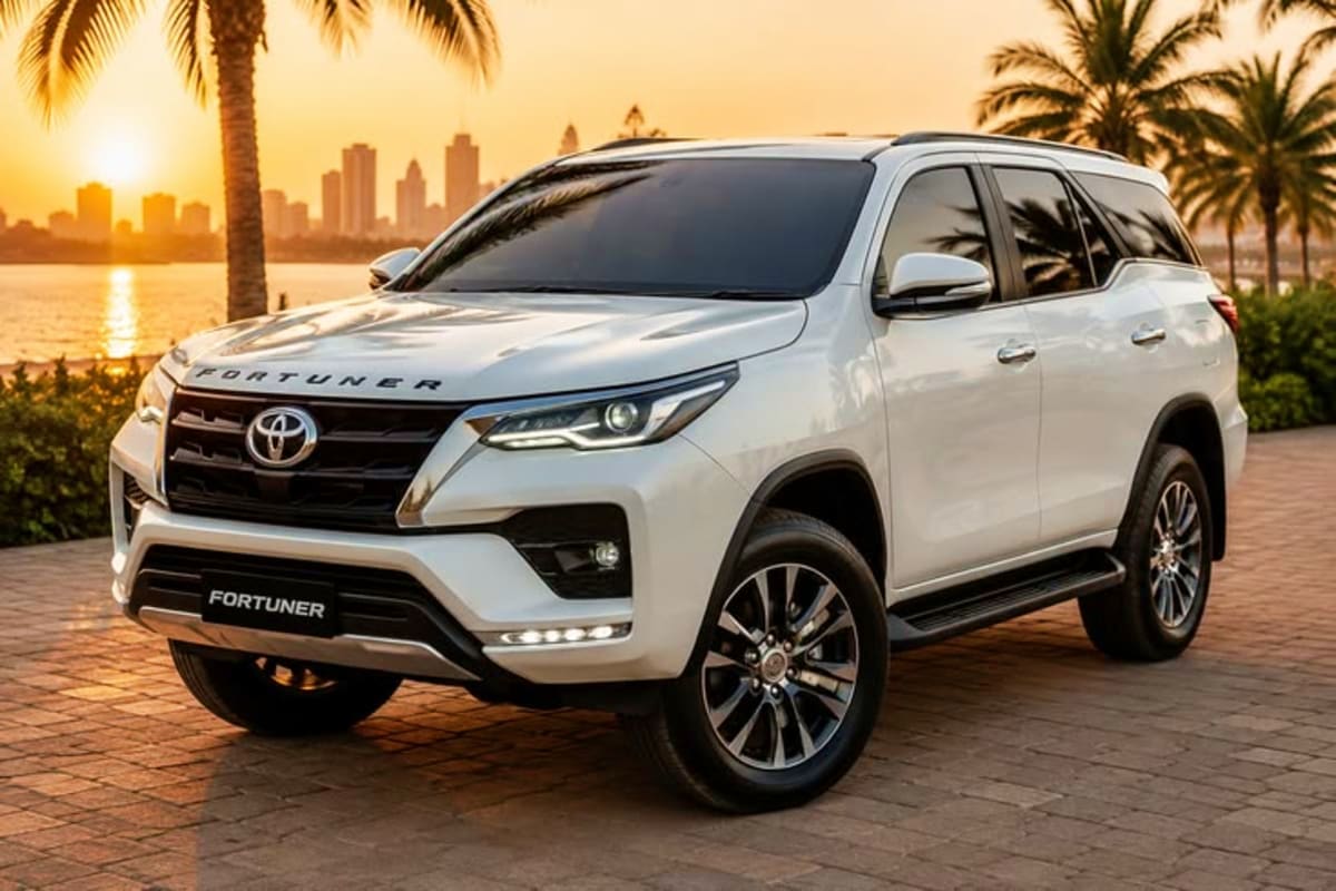 White Toyota Fortuner SUV parked on brick pavement with palm trees and waterfront city skyline at sunset