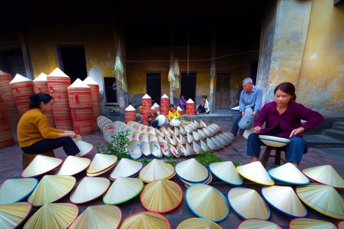 Vietnamese women crafting traditional conical hats and incense in Hanoi village courtyard with materials displayed on ground