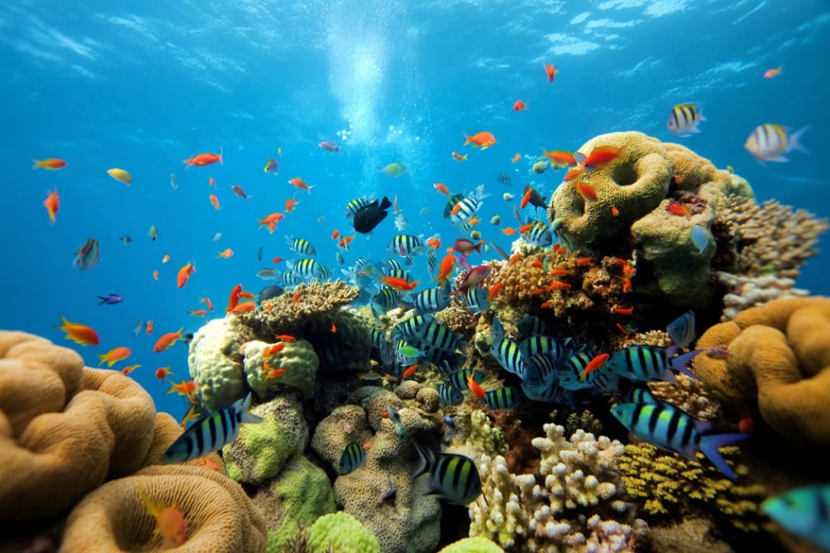 Langkawi Underwater World Colorful tropical fish swimming around diverse coral formations in clear blue ocean water at a coral reef