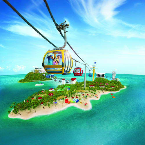 Sentosa Cable Car suspended over tropical island with beach, turquoise waters, and visitors below