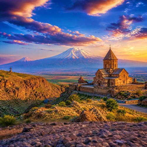 Khor Virap monastery at sunset with Mount Ararat in the background, Armenia
