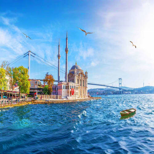 Ortakoy Mosque on the Bosphorus waterfront in Istanbul with suspension bridge in background