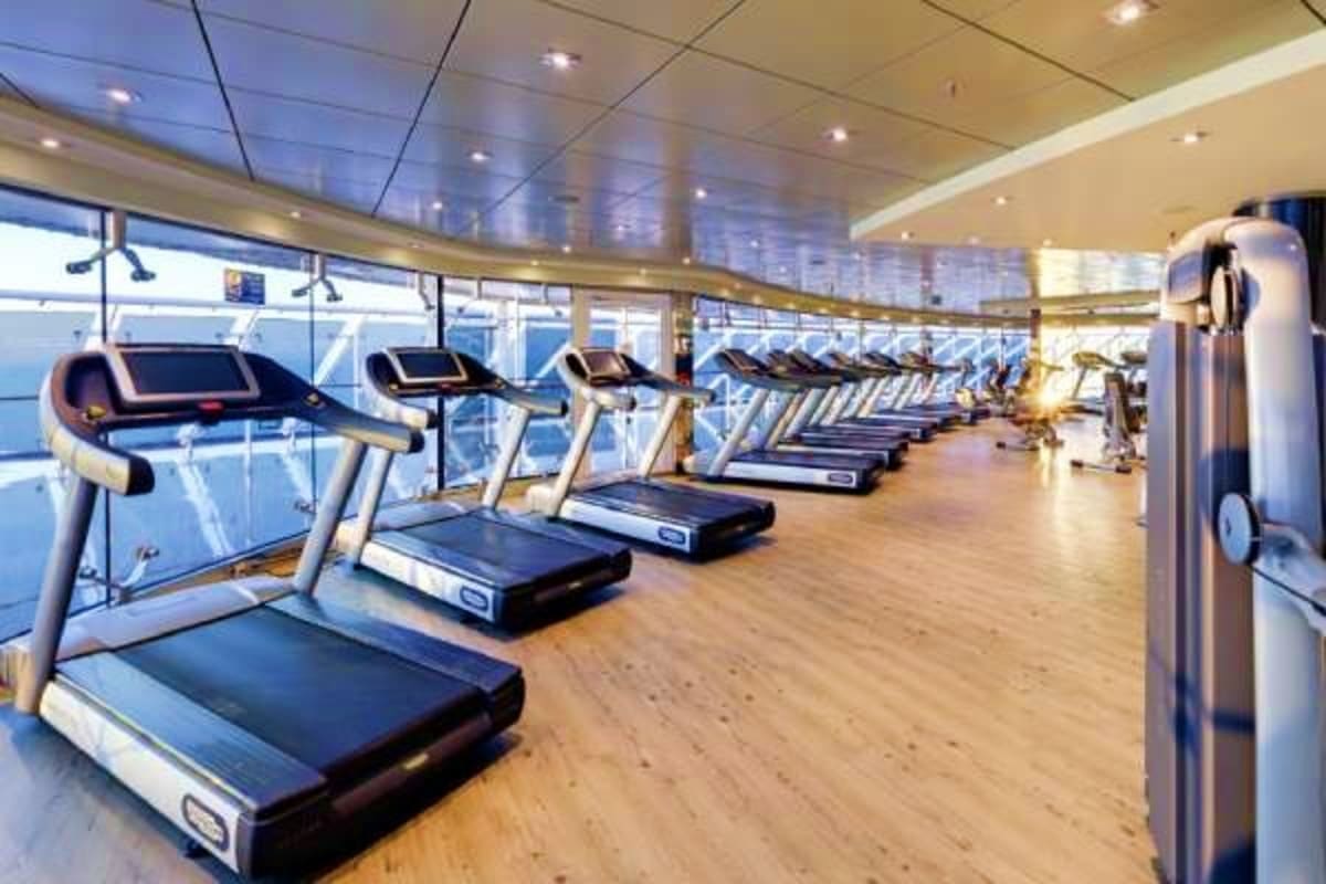 Modern ship gym with rows of treadmills, exercise bikes, and equipment facing ocean windows on MSC Fantasia cruise ship