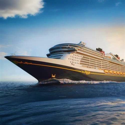 Large cruise ship with black hull and gold trim sailing on open ocean under blue sky with white clouds