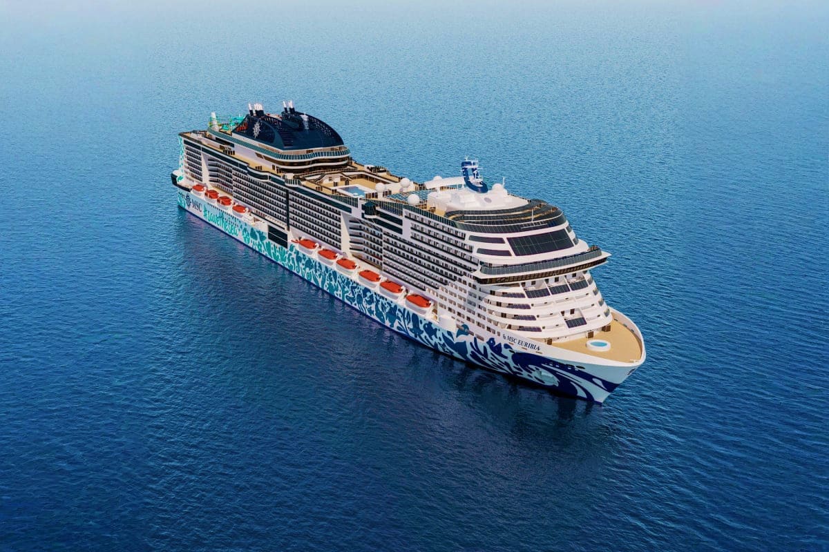 MSC Euribia cruise ship on calm blue ocean waters with white and black hull design featuring decorative blue stripe.