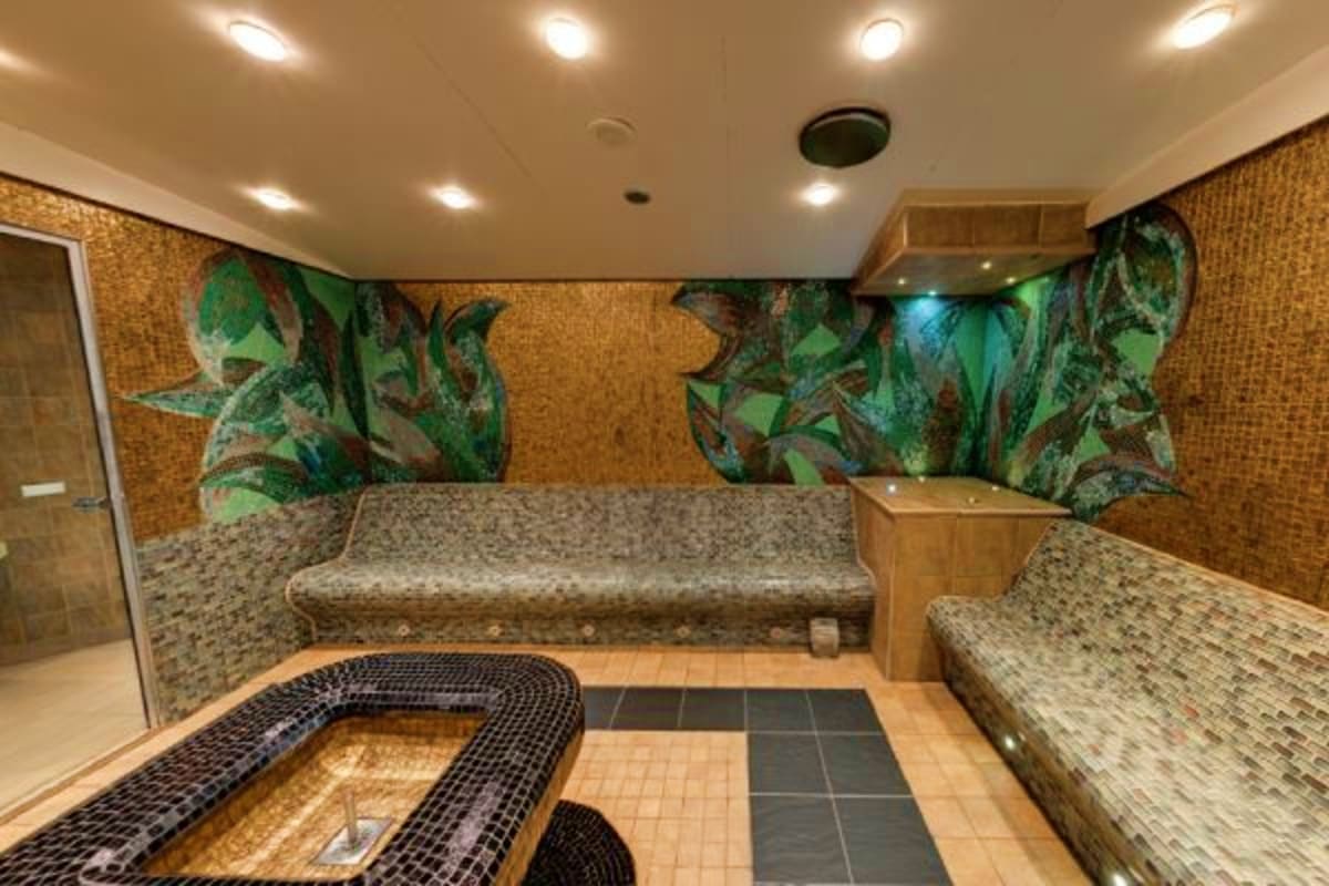 Modern spa interior with thermal pool, heated loungers, cork walls, green botanical murals, and recessed lighting on MSC Magn