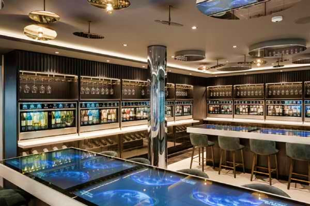 Modern jewelry store interior with illuminated display cases, interactive touchscreen counters, and sleek ceiling lighting fi