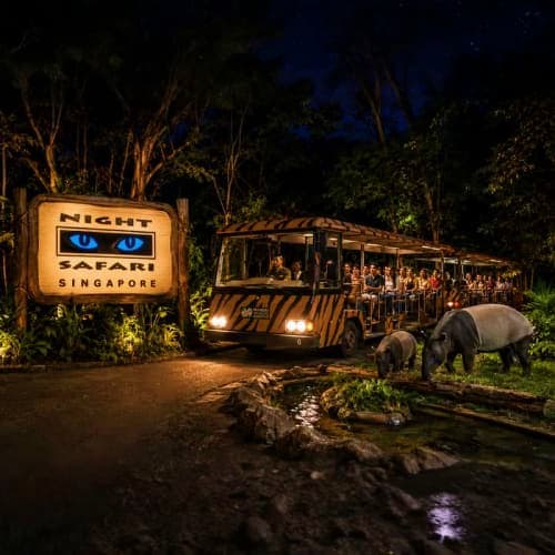 Night Safari tram passing elephants at illuminated entrance sign in Singapore wildlife park