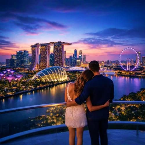 Couple viewing Singapore skyline at dusk with Marina Bay Sands, Gardens by the Bay, and illuminated Ferris wheel reflected in