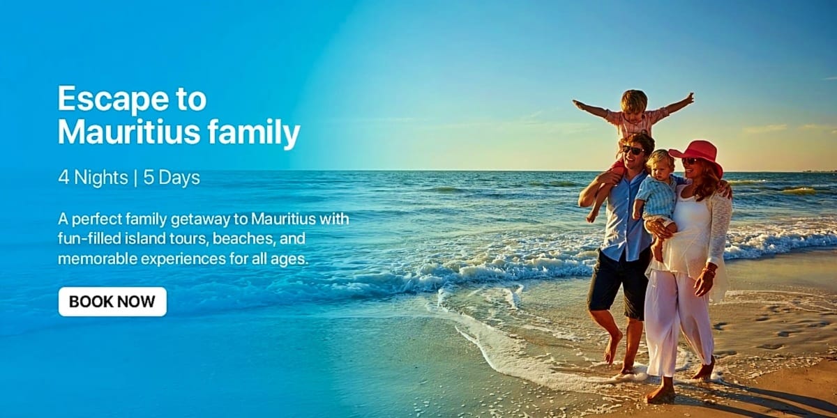 Happy family of four enjoying a beach day in Mauritius with turquoise ocean waves and sandy shoreline