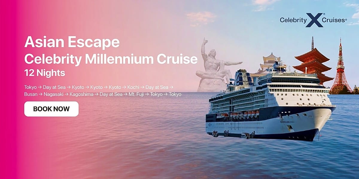 Celebrity Millennium cruise ship sailing past Japanese temples and landmarks including Mount Fuji and a red pagoda in Asian w