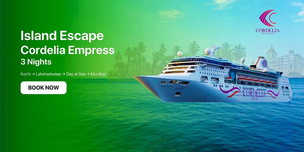Cordelia Empress cruise ship in tropical waters with palm trees and coastal architecture visible in background