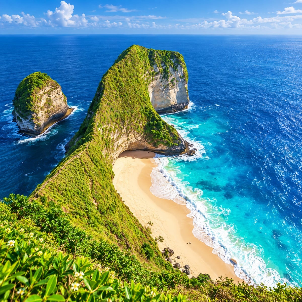 Aerial view of Kelingking Beach cliffs in Bali with turquoise ocean, white sand beach, and lush green vegetation on limestone