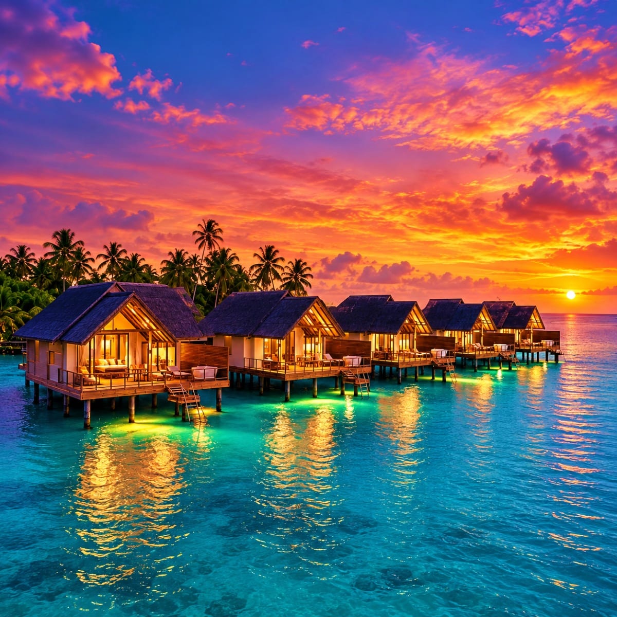 Overwater bungalows with illuminated interiors at sunset in the Maldives, with palm trees and turquoise lagoon water