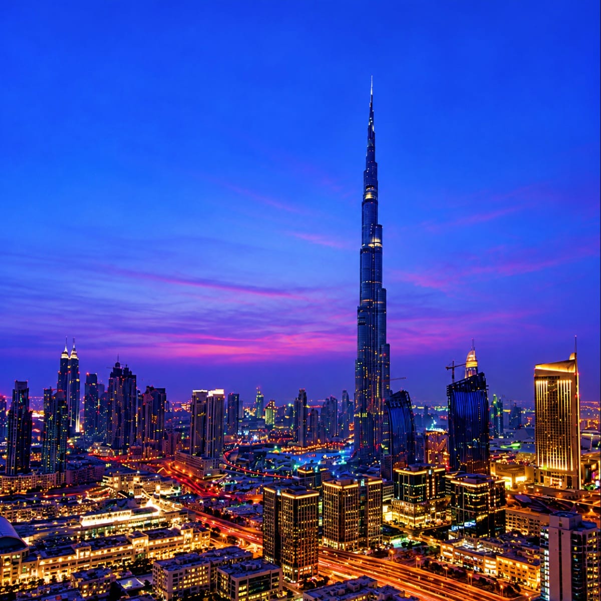 Dubai skyline at dusk with illuminated Burj Khalifa tower and cityscape against purple and blue twilight sky