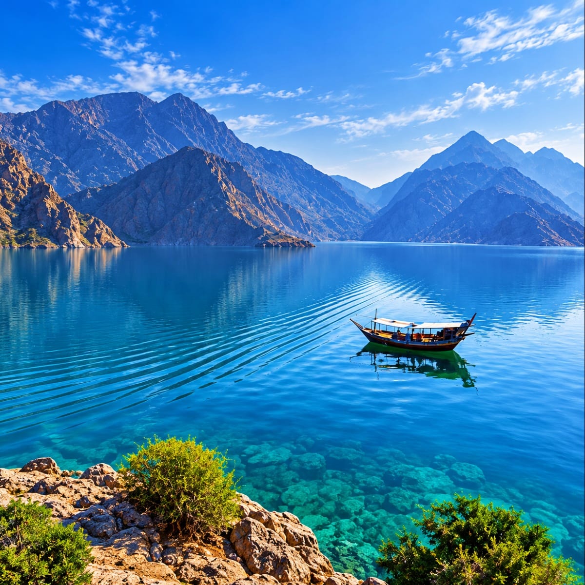 Traditional wooden dhow boat floating on crystal clear turquoise water with dramatic rocky mountains in background under blue
