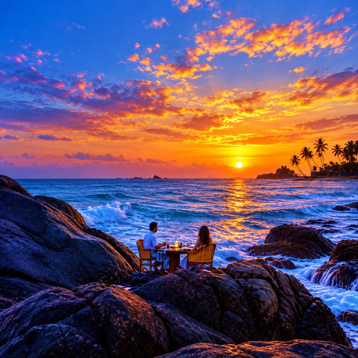 Couple dining on rocks at sunset beach with golden sky, waves, and palm trees silhouetted on tropical coastline