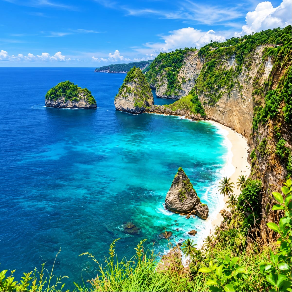 Kelingking Beach in Nusa Penida, Bali with turquoise waters, white sand, limestone cliffs and rocky islands under blue sky