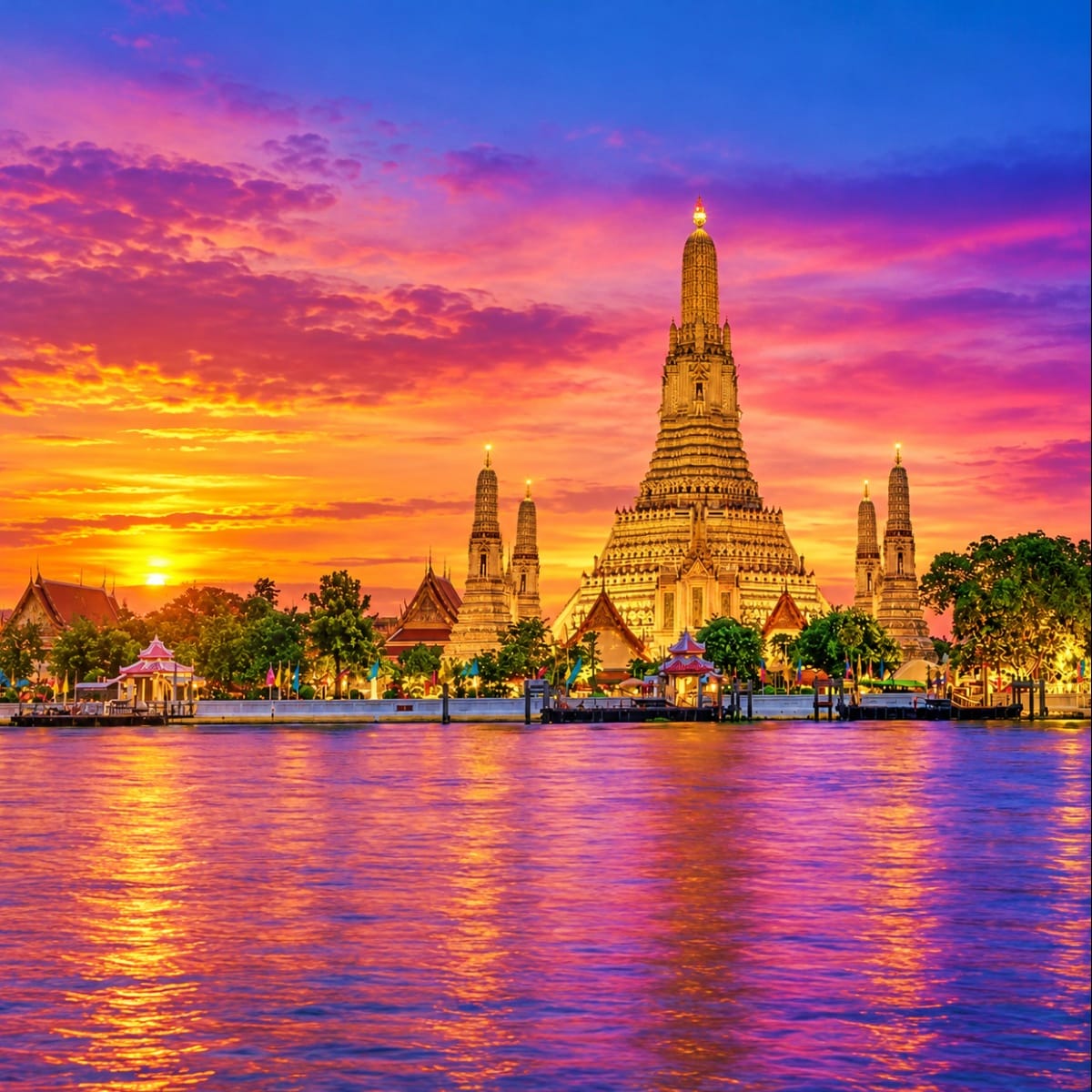 Wat Arun temple illuminated at sunset reflected in the Chao Phraya River in Bangkok, Thailand