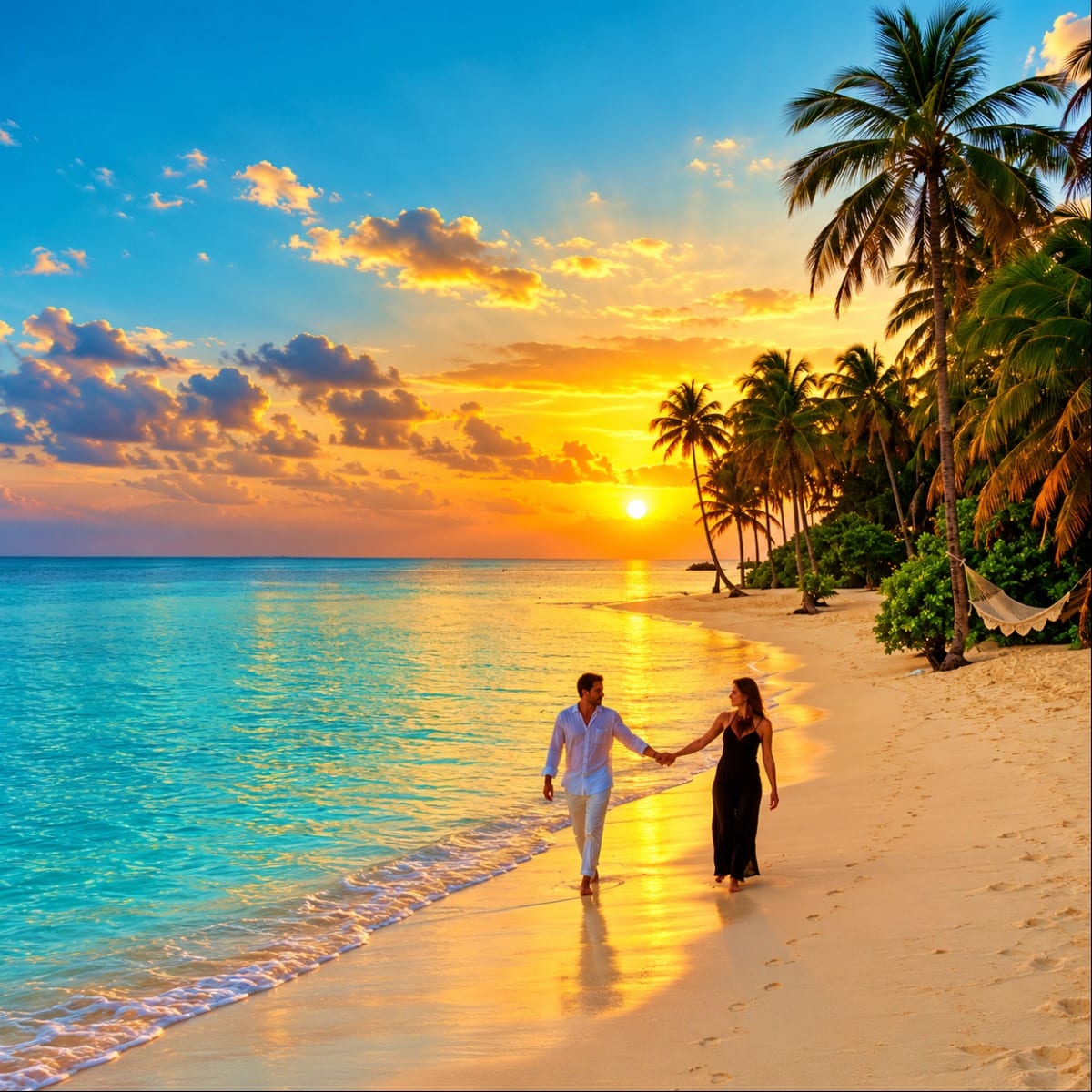 Couple holding hands walking on tropical beach at sunset with palm trees and golden sky reflecting on ocean water
