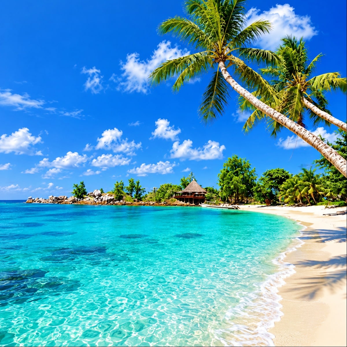 Tropical beach in Port Blair, Andaman Islands with turquoise water, white sand, palm trees, and traditional thatched-roof bun