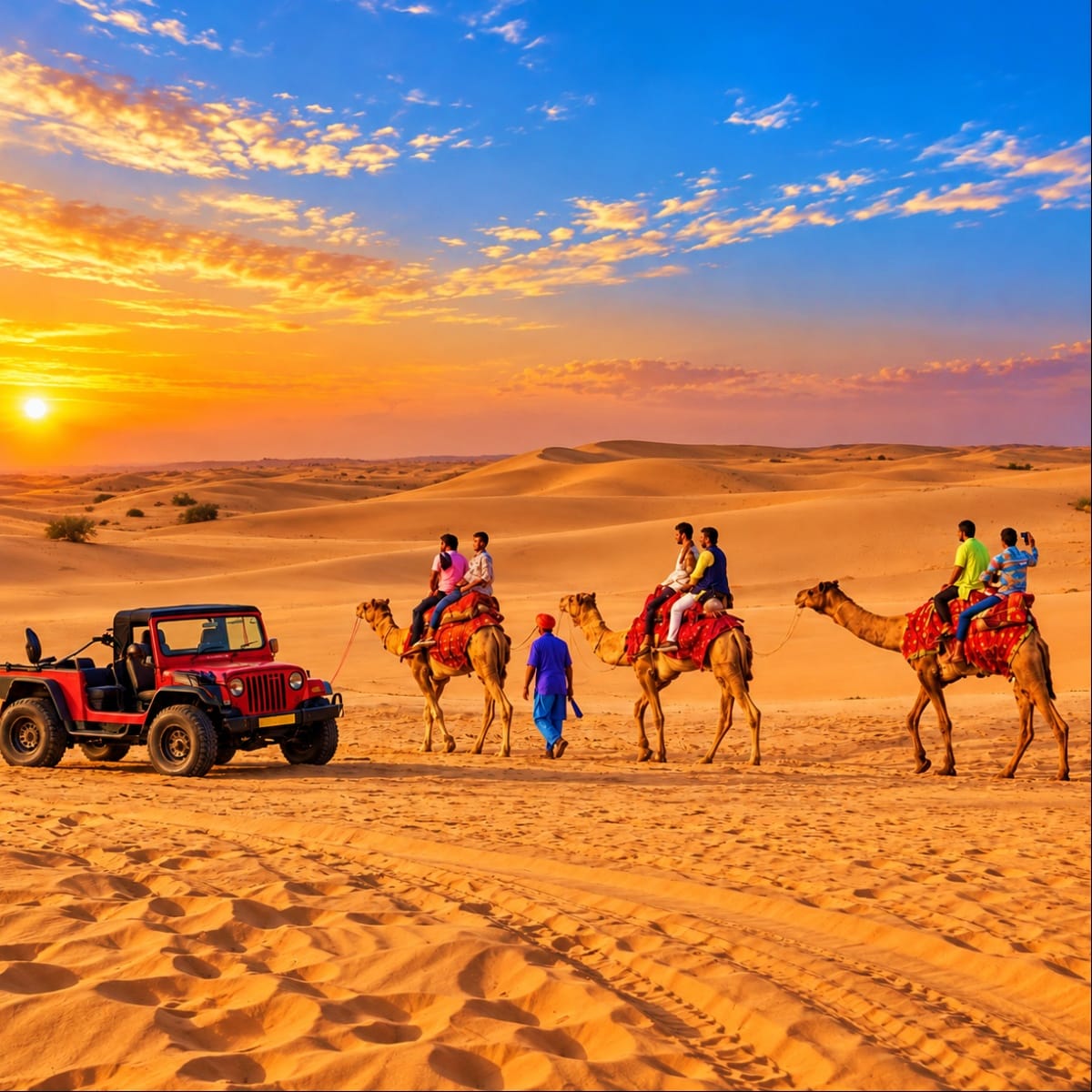 Desert safari in Jaisalmer with tourists riding camels and a red jeep at sunset, golden sand dunes and colorful sky