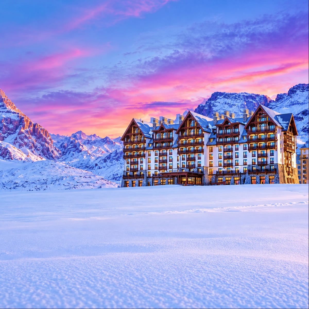 Luxury alpine hotel with illuminated windows at sunset, surrounded by snow-covered mountains and frozen landscape at dusk