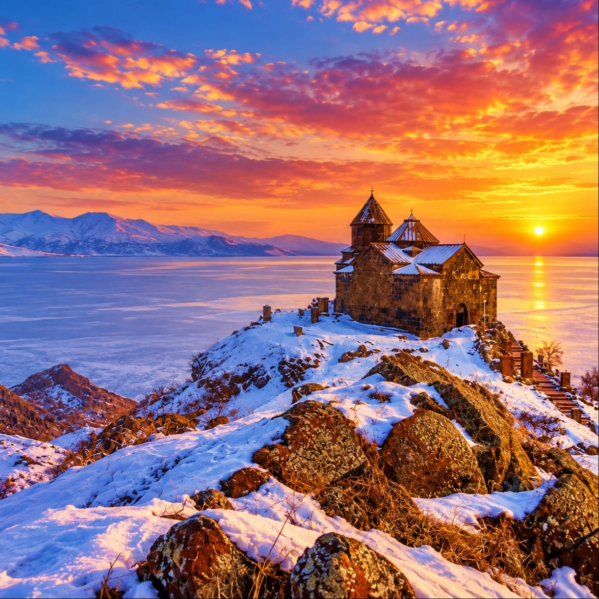 Sevanavank monastery at sunset in winter, snow-covered rocky peninsula overlooking frozen Lake Sevan with snow-capped mountai
