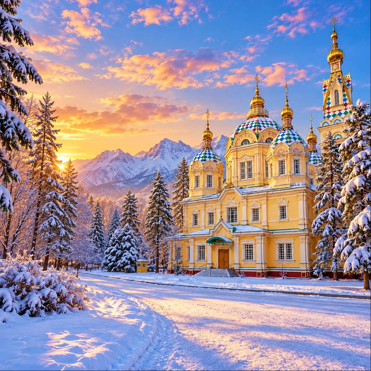 Yellow Orthodox cathedral with golden domes in snowy forest landscape at sunset, snow-covered evergreen trees and mountains i