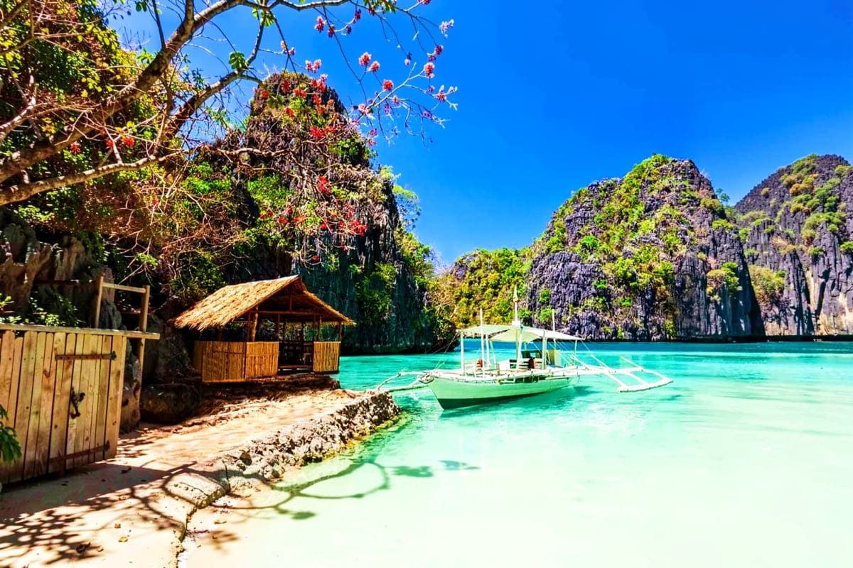 Coron Island Escapade Tour Tropical beach cove with wooden nipa hut, traditional outrigger boats in turquoise water, limestone cliffs, and red flowering