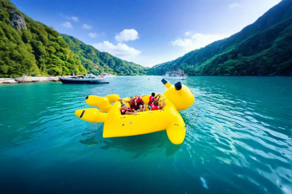 Group of tourists on a large yellow inflatable duck float in turquoise water surrounded by forested mountains and tour boats