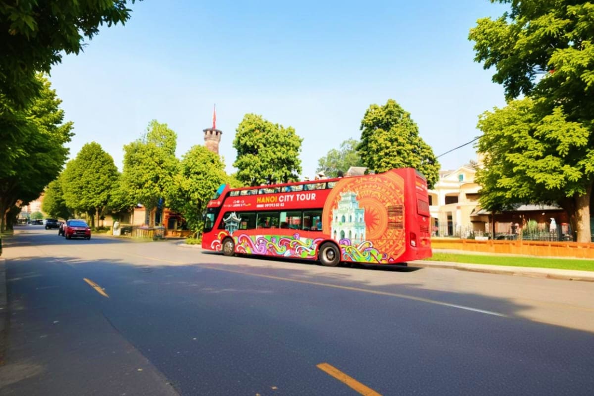 Red double-decker Hanoi City Tour bus with colorful decorations on a tree-lined street with historic tower in background