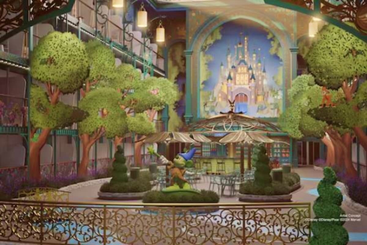 Enchanted castle courtyard with manicured topiaries, decorative umbrellas, and ornate railings framing a fairytale palace in 