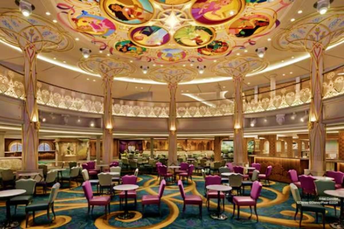 Ornate circular dining room with colorful ceiling murals, purple chairs, decorative columns, and patterned floor in luxury cr