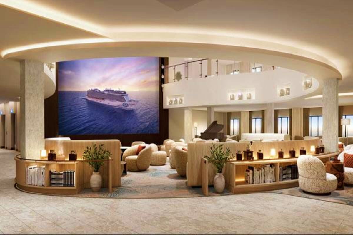 Luxury cruise ship lounge with ocean-view display, curved ceiling design, beige seating, and grand piano in modern interior