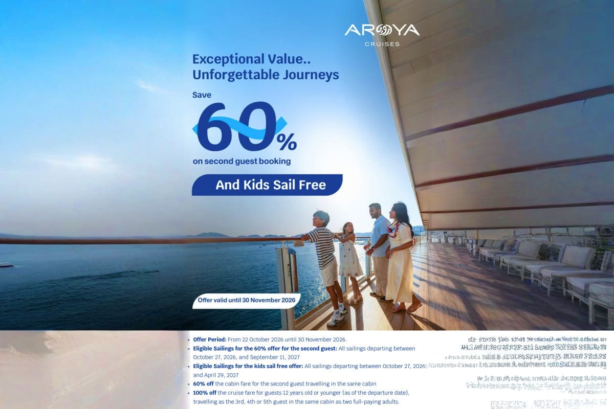 Family enjoying Mediterranean sea view from Aroya cruise ship deck with clear blue sky and coastline in background