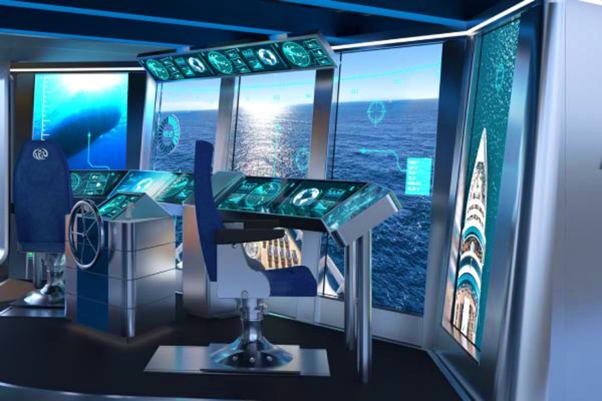 Modern ship bridge simulator showing navigation controls with ocean and coastal views visible through windows