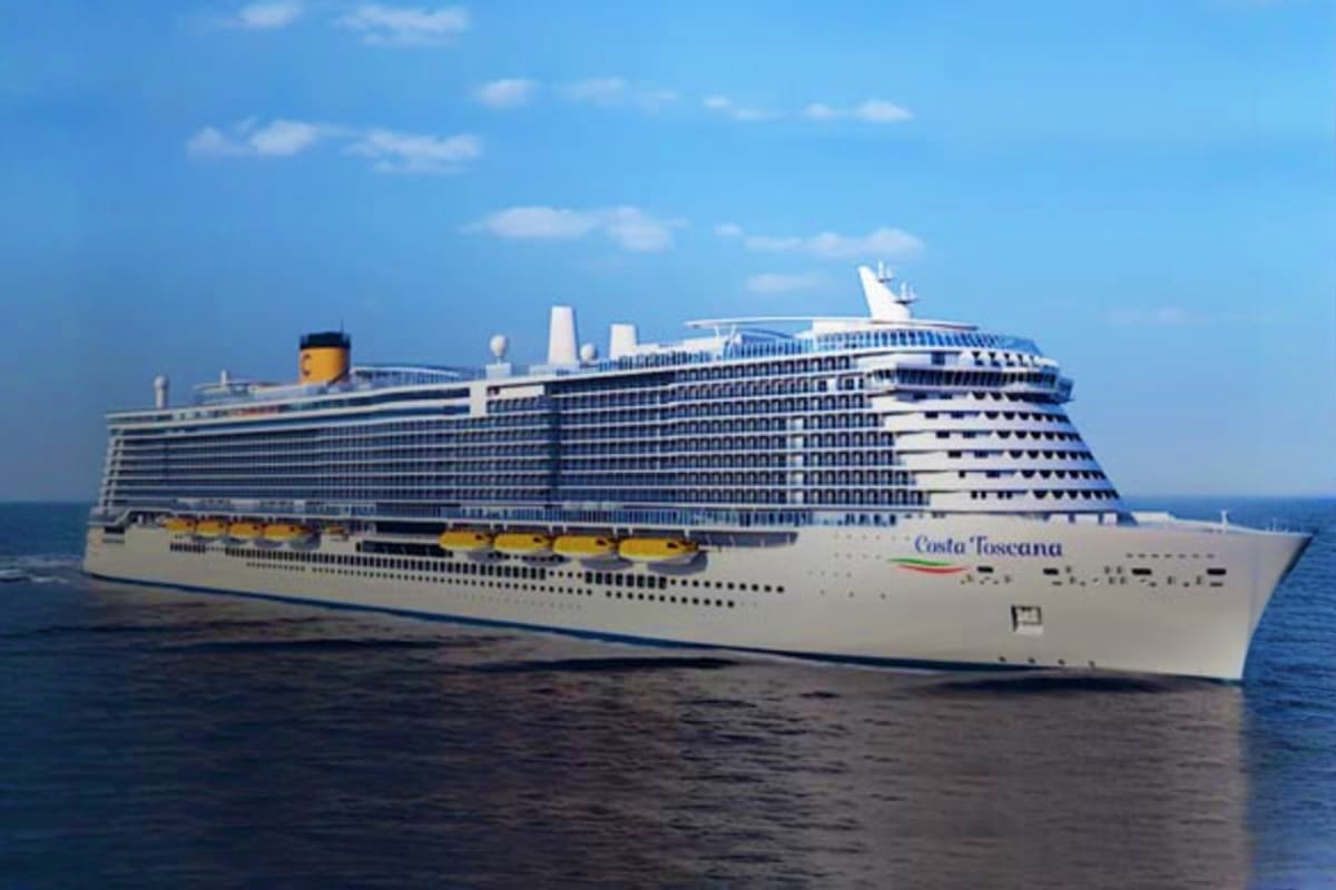 Costa Toscana cruise ship on open ocean with blue sky and white clouds