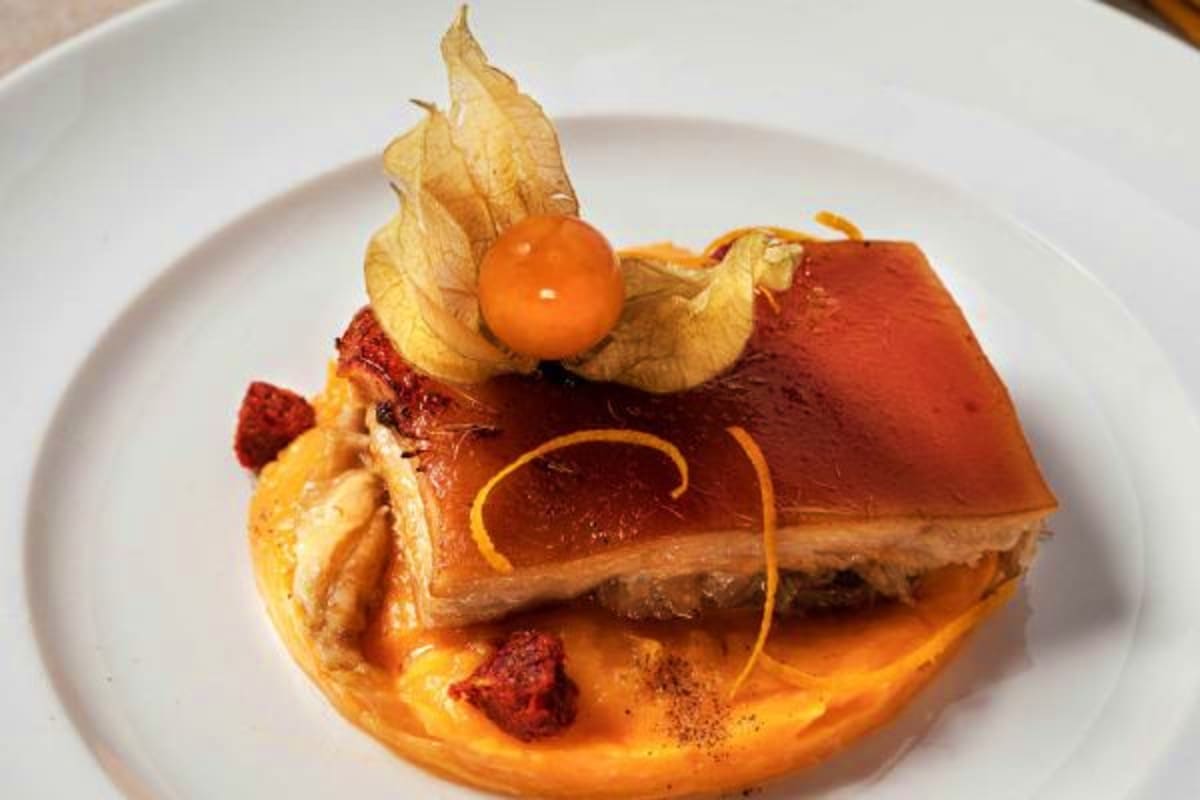Gourmet plated dessert with chocolate mousse, physalis fruit, orange peel garnish and berry coulis on white plate