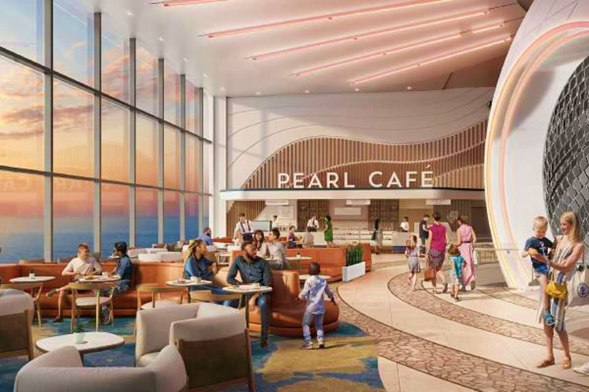 Modern cruise ship interior cafe with ocean views, featuring Pearl Café counter, seating areas, and passengers dining and wal