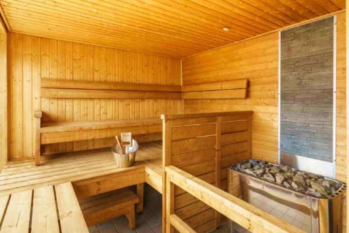 Arctic Expedition with Quark Expeditions aboard Ocean Explorer Interior of a traditional wooden sauna with benches, wooden paneling, and a metal sauna stove filled with rocks