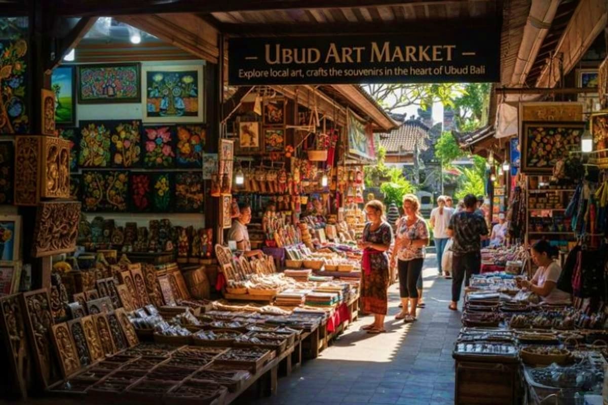 Ubud Art Market in Bali with wooden crafts, paintings, and souvenirs displayed on tables and walls, tourists browsing local a