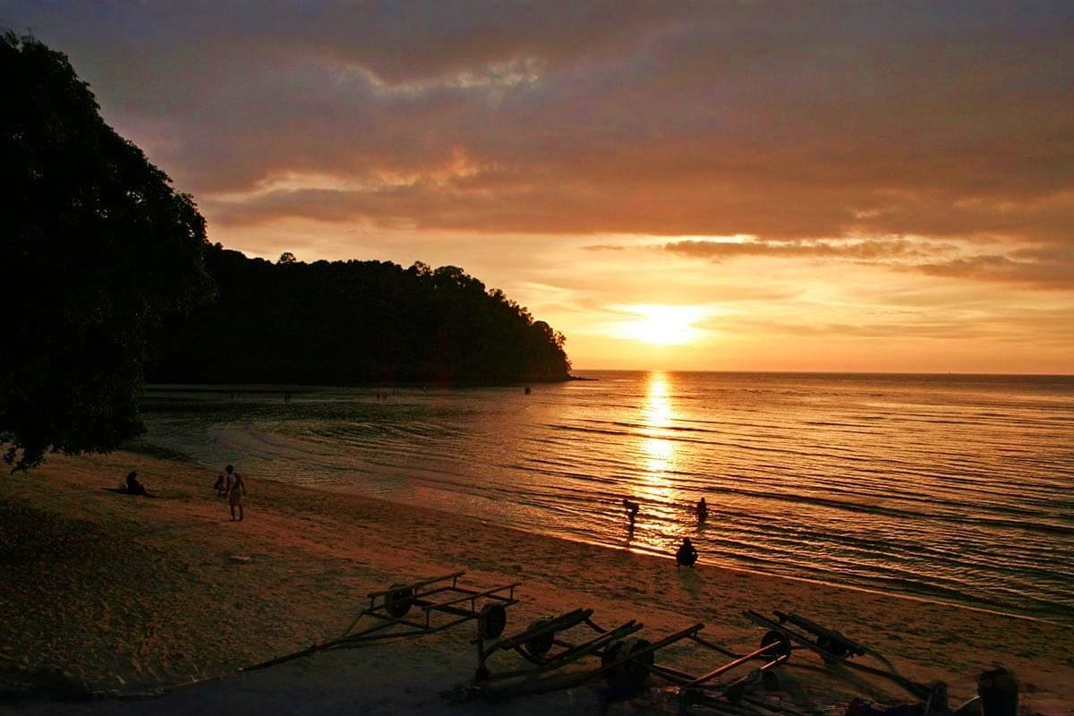 Malaysia Honeymoon Package Tropical beach sunset with swimmers in water, driftwood on sand, and dense jungle coastline silhouetted against golden sky