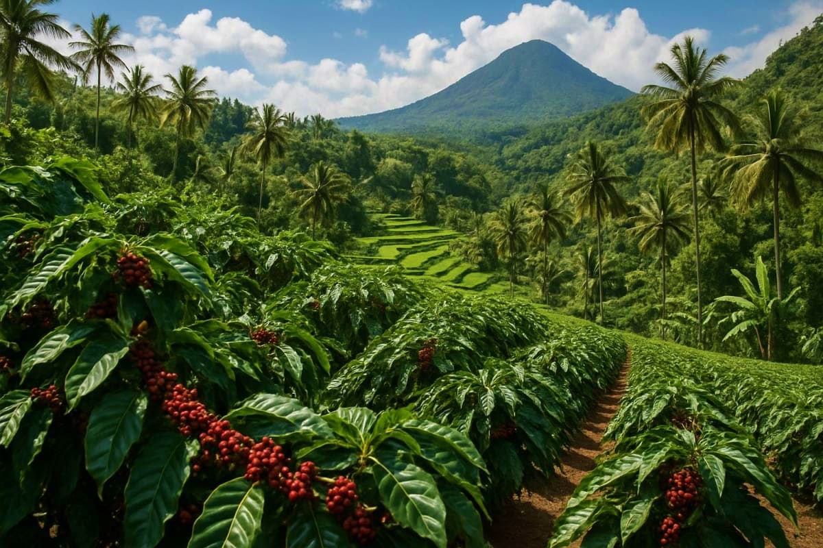Coffee plantation with red berries in foreground, coconut palms, and cone-shaped volcano mountain in misty valley background 
