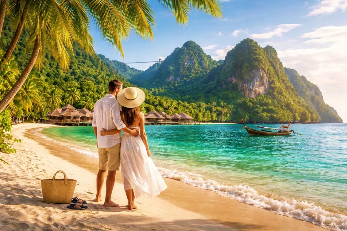 Couple standing on tropical beach with turquoise water, limestone cliffs, palm trees, and traditional wooden longtail boat in