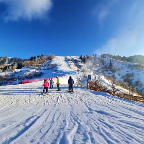 Skiers and snowboarders on snowy mountain slope with forested hills under blue sky at ski resort